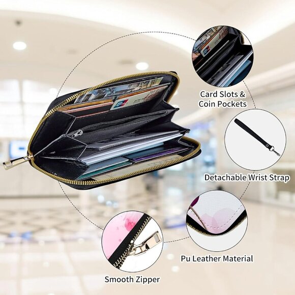 Women's RFID Blocking Leather Wallet with Wristlet Large Capacity Pink Cherry - Picture 3 of 7